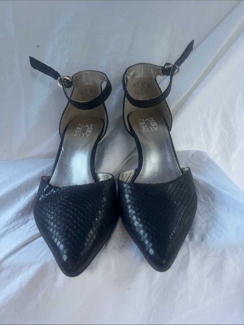 Naturalizer Black Faux-Snakeskin Pointed Ankle-Strap Pumps